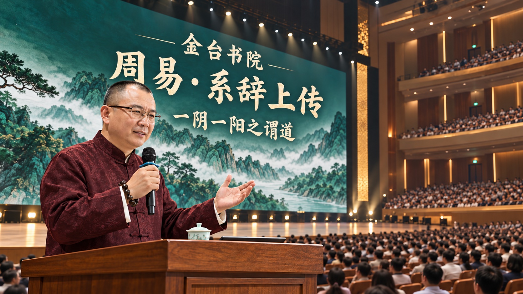 系辞主题演讲会场创意的秋水老师AI场景