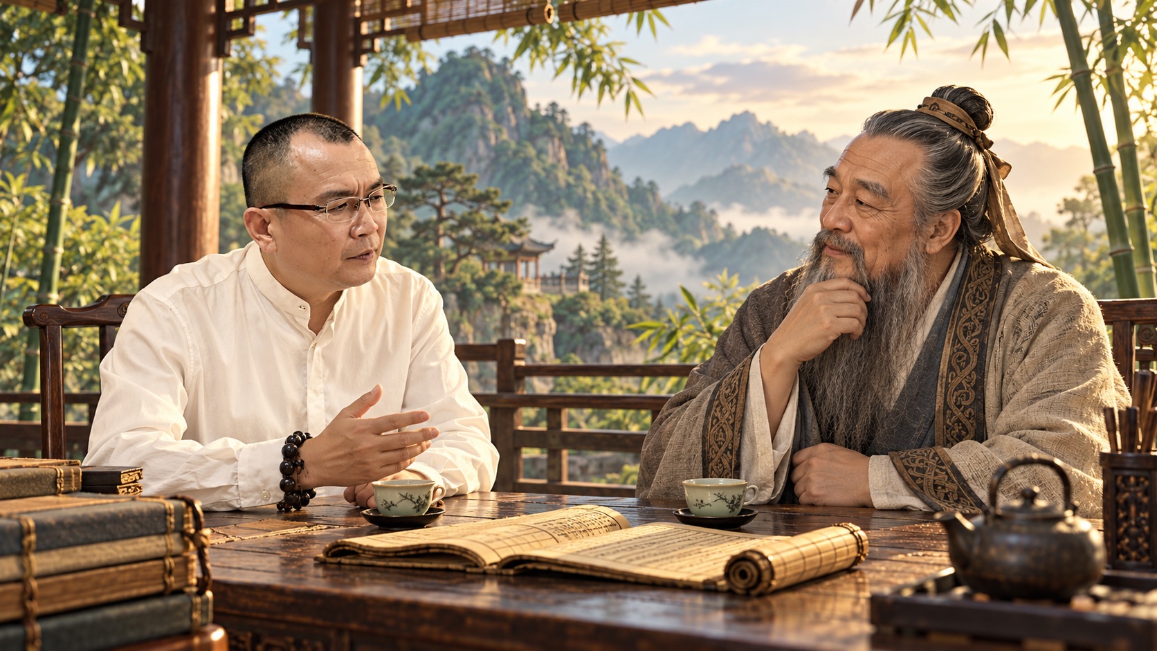 秋水老师与古代智者交流的AI创意场景