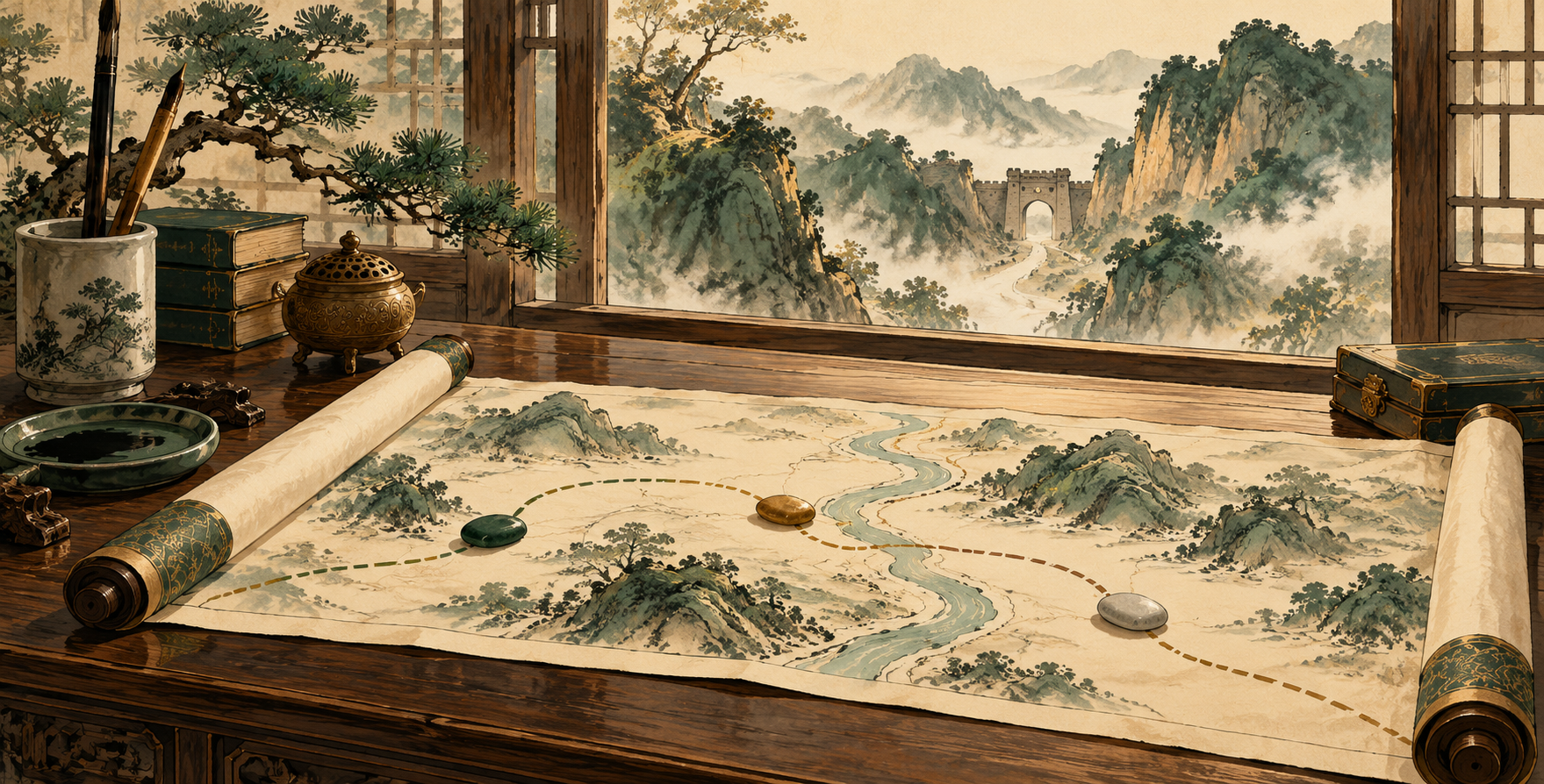 呼应本篇思考主题的中式水墨意境插画